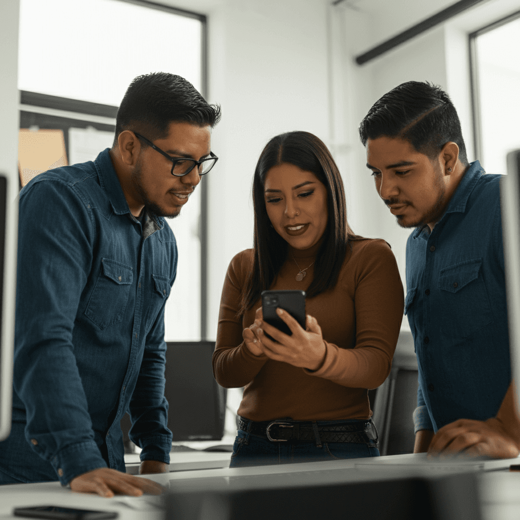 Tres personas de un equipo revisando un smartphone en la oficina